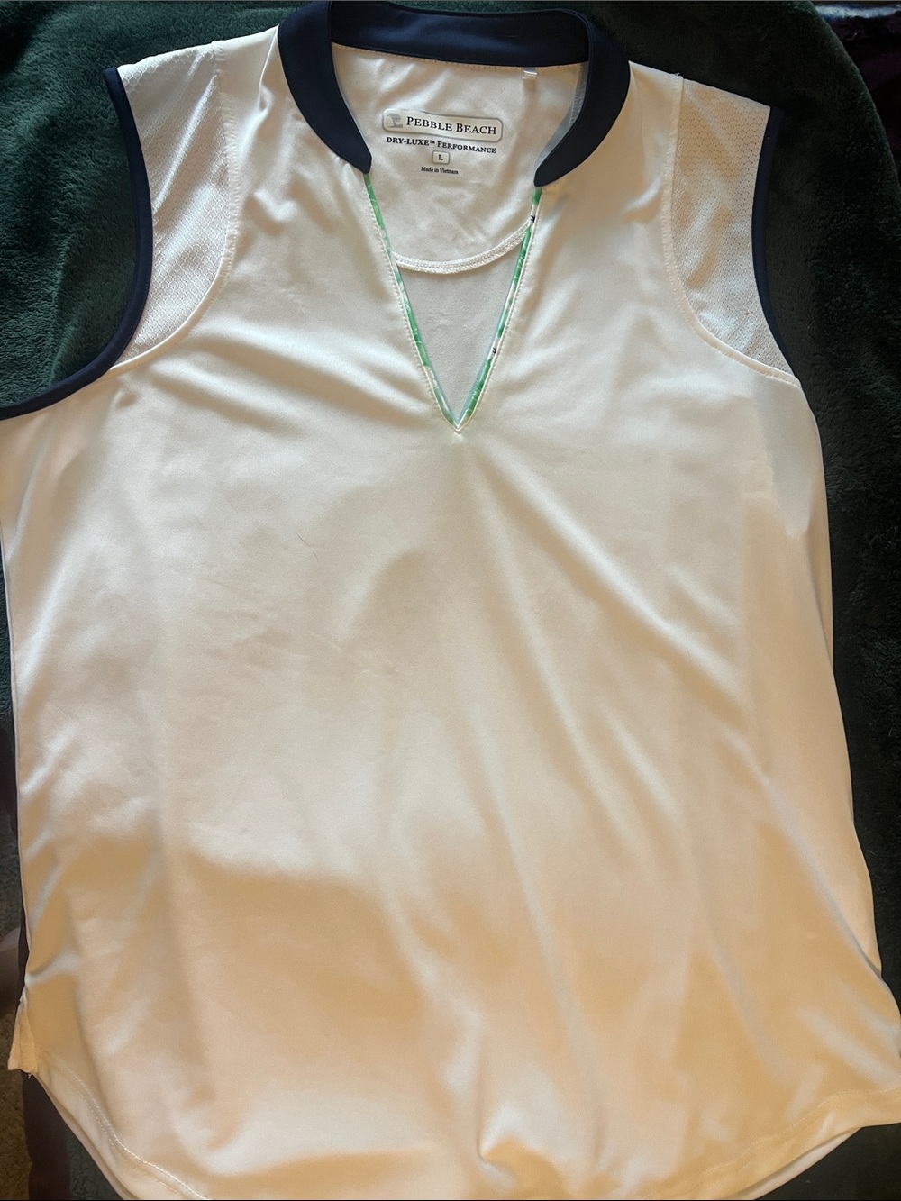 Pebble Beach White Sleeveless Performance Tank with Navy Trim